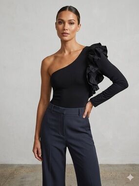 Zara One-Shoulder Ruffle Bodysuit - Black